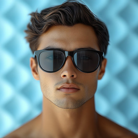 A confident young man shows off his sunglasses against a striking blue backdrop.の素材