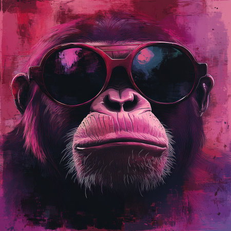 A playful monkey wearing stylish sunglasses stands confidently in a colorful backdrop.の素材