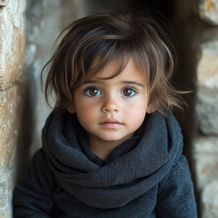 Child gazes thoughtfully while wrapped in a warm scarf near a rustic stone setting.の素材