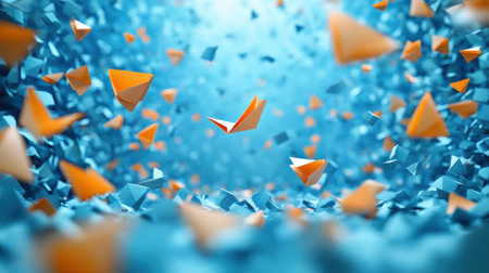 Orange triangles drift across a blue background, crafting a vibrant atmosphere.の素材