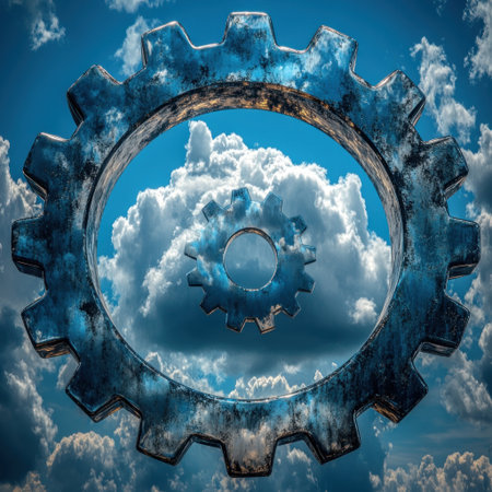 Giant gears rise against a backdrop of beautiful clouds in vibrant blue sky.の素材