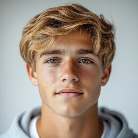 A young man in a soft sweater beams with bright eyes and a cheerful smile.の素材