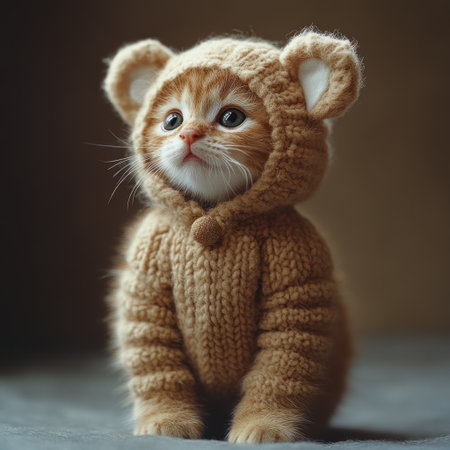 Fluffy orange kitten wearing a handmade knitted outfit brings joy and warmth indoors.の素材