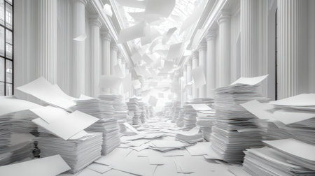 Papers fly through the air in a stunning corridor filled with tall columns and stacks.の素材