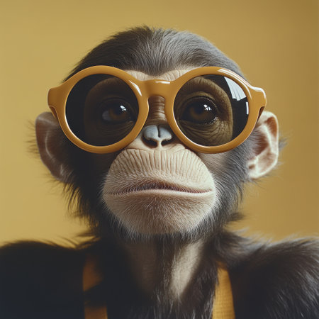 A charming monkey in round sunglasses relaxes in a vibrant room.の素材