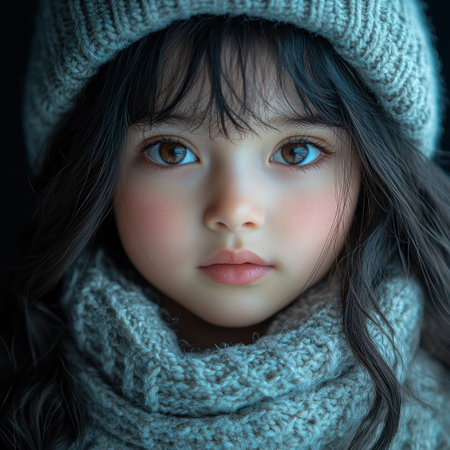Young child wears cozy scarf and hat, smiling gently against a dark background.の素材