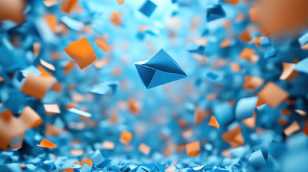 Colorful origami shapes swirl in the air, creating a lively and dynamic atmosphere.の素材