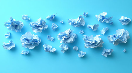 Delicate blue paper flowers create a vibrant scene on a smooth blue background.の素材