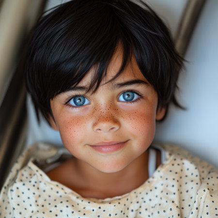A young child with bright blue eyes smiles in the warm, sunny outdoors.の素材