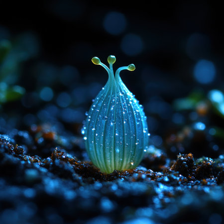 A delicate plant bud glows softly, surrounded by sparkling drops of dew on dark soil.の素材