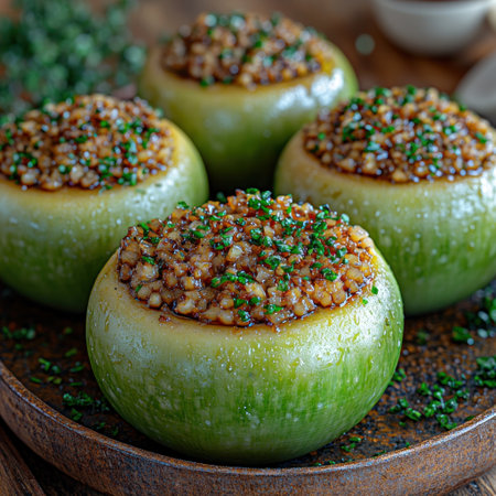 Four green apples on a wooden platter, filled with savory grain and herbs.の素材