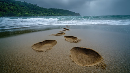 Footprints lead across the soft sand near the ocean under a cloudy sky.の素材