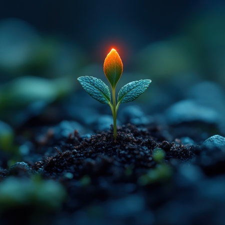 A small sprout pushes through the earth, illuminated gently by morning light.の素材