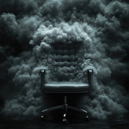 A sleek black chair emerges from billowing dark clouds, creating an eerie atmosphere.の素材