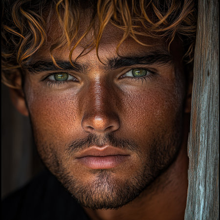 Young man with tousled hair and deep green eyes gazing intently in natural light.の素材