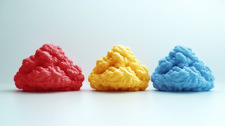 Bright, fluffy shapes in red, yellow, and blue cheerfully pop on a white background.の素材