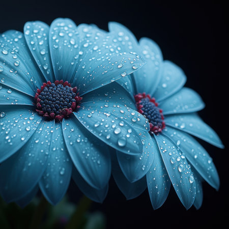 Blue petals glisten with droplets in a softly lit, serene space.の素材