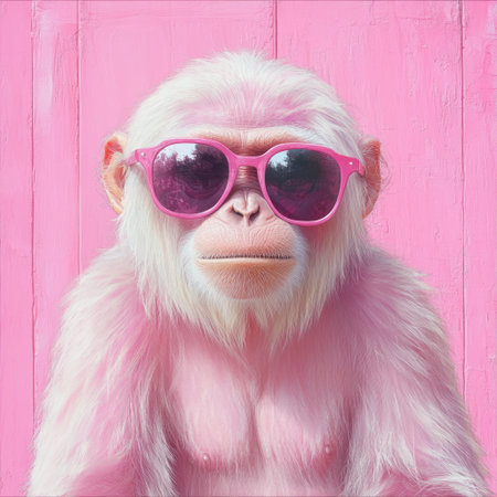 A playful monkey flaunts its personality in trendy pink sunglasses on pink wood.の素材