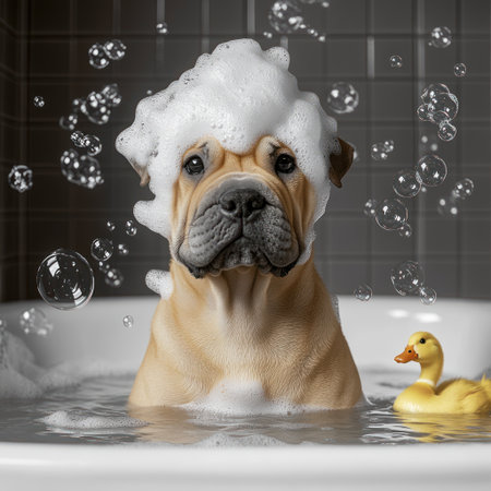 A playful Sharpei lounges in a bathtub filled with bubbles and water, enjoying bath time.の素材