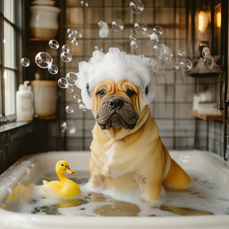 A playful dog sits in a bubble filled tub, surrounded by floating soap bubbles.の素材