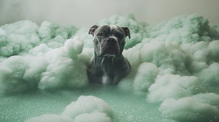 A playful dog relaxes in a fluffy mint green bubble bath, surrounded by soft foam clouds.の素材