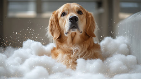 A golden retriever sits contently among soft white fluff in a cozy indoor setting.の素材