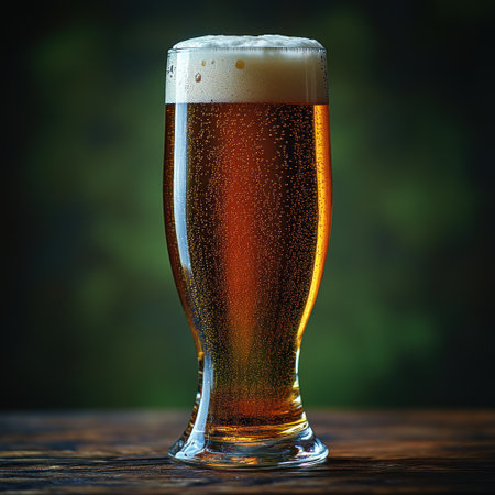 Golden beer sparkles with bubbles, resting on a wooden table against a blurred backdrop.の素材