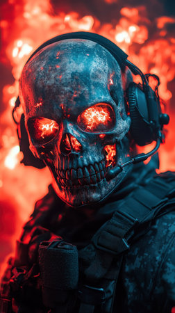 A fierce warrior stands tall with a glowing skull and headset, surrounded by flames.の素材