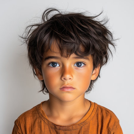 A young boy with messy hair and bright blue eyes stands against a neutral backdrop.の素材