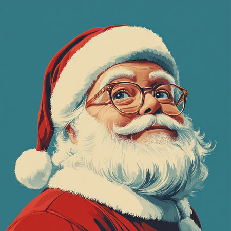 Joyful man with white beard and glasses in a festive red hat smiles warmly at the viewer.の素材