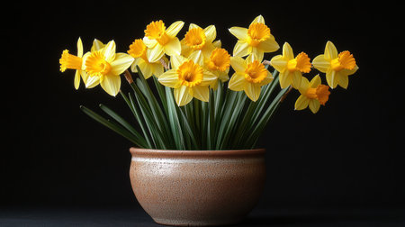 Bright yellow daffodils in a rustic pot bring joy to any space.の素材