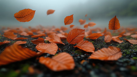 Orange leaves swirl in the misty forest, creating a serene atmosphere.の素材