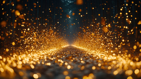 Golden sparks dance along a gravel path, creating an enchanting atmosphere in the forest.の素材