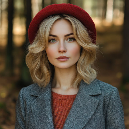 A fashionable woman stands confidently in a serene forest, embracing the autumn ambiance.の素材