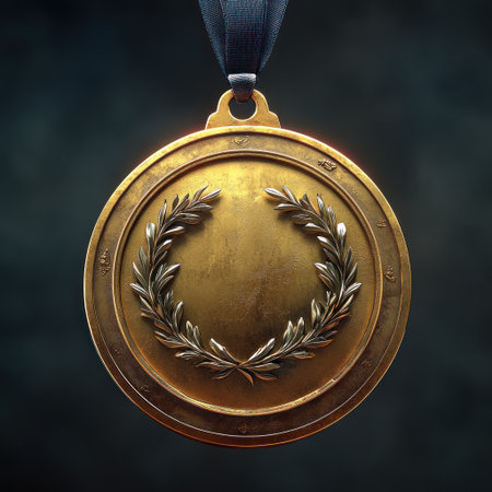 This beautiful gold medal has an ornate laurel wreath design.の素材