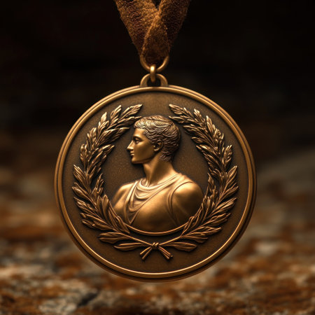 A bronze medal with a classical figure, symbolizing timeless victory.の素材