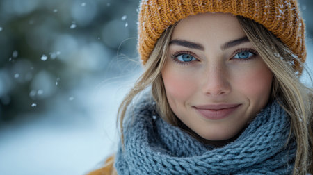 A young woman smiles warmly in a knit hat and scarf, surrounded by falling snowflakes.の素材