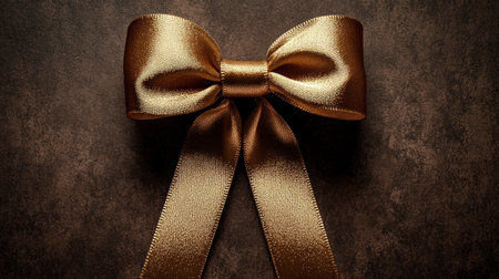 A golden ribbon bow on a dark textured background, ideal for festive dの素材