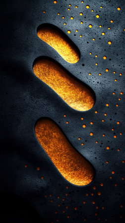 Golden footprints create an intriguing effect on a dark, textured surface.の素材