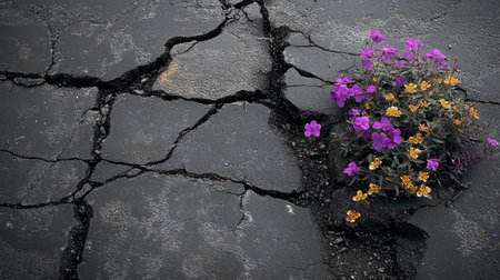 Colorful flowers emerge defiantly from broken asphalt, showing nature's perseverance.の素材