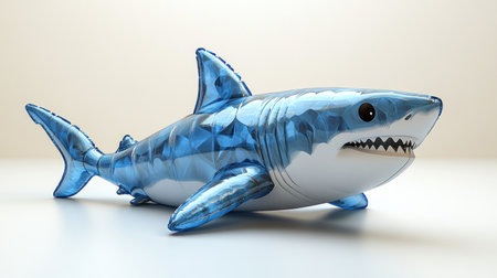 A vibrant inflatable shark toy sits quietly, ready for summer fun and adventure.の素材