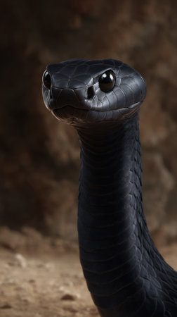 A black mamba basks in a sunlit clearing, displaying its sleek scales and sharp eyes.の素材