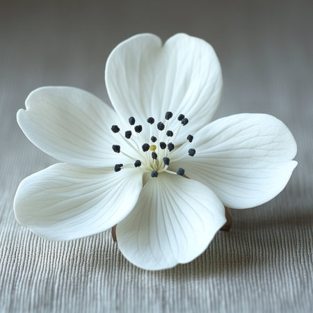 A stunning white flower displays elegance and detail in gentle sunlight.の素材