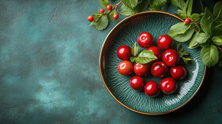 Juicy, glistening red fruits sit on a decorative plate, surrounded by greenery.の素材