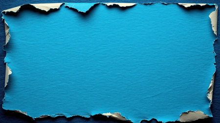 Torn blue paper captures attention with its textured edges against a wooden backdrop.の素材