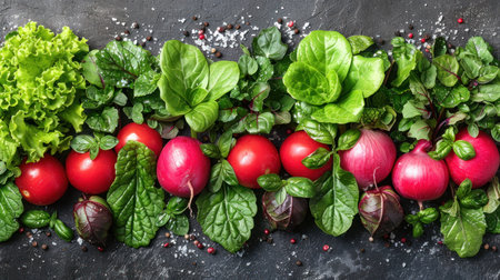 A colorful arrangement of tomatoes, radishes, and fresh greens delightfully laid out.の素材