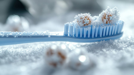 A toothbrush lies on a bed of snow, playing host to tiny decorative spheres and frost.の素材