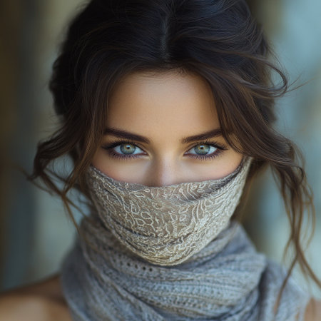 A veiled woman with striking blue eyes exudes elegance and intensity.の素材
