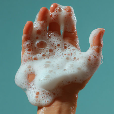A hand rises from bubbles, highlighting cleanliness against a calm blue backdrop.の素材