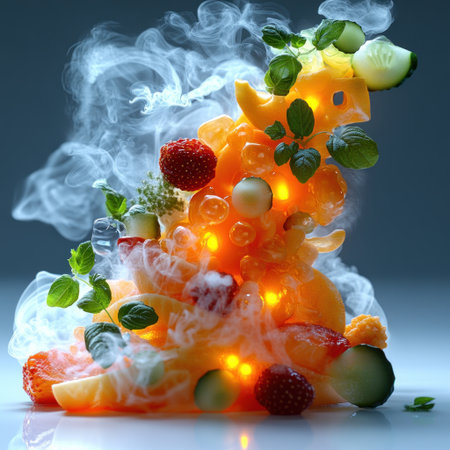 A tall fruit display shrouded in swirling smoke and glowing lights captivates.の素材